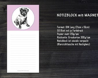 PUG BLACK Notepad To Do with Magnet for Fridge or Memo Chalkboard Gifts pug lovers hand drawn by farky