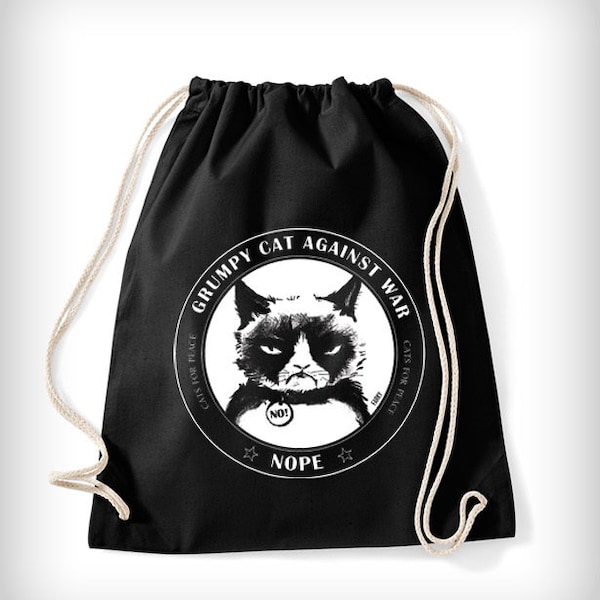 Grumpy Cat against WAR NOPE Cats for PEACE Shoe bag Backpack with slogan, cloth bag in black, gym bag cat gym bag, sayings funny