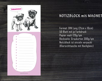 SHOPPING LIST notepad to do with magnet PUG for fridge or memo blackboard gifts pug lovers hand drawn by farky