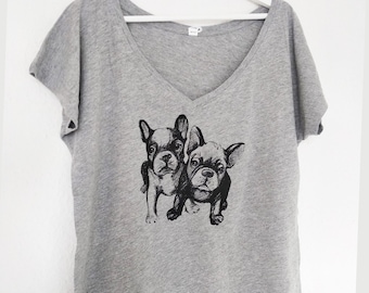 Bully Damen T-Shirt  Hunde Shirt, Französische Bulldogge, Frenchie, hochwertige Geschenke für Hundeliebhaber, V Auschnitt, loose fit