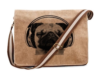 Messenger Dog Fan Shoulder Bag with Pug Crossbody Bag Wide Strap Courier Bag Canvas Pug Motif, Vintage Bag Dogs