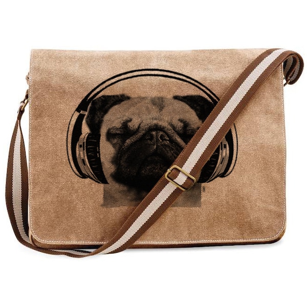 Messenger Dog Fan Sac à bandoulière avec Carlin Crossbody Bag Wide Strap Courier Bag Canvas Pug Motif, Vintage Bag Dogs