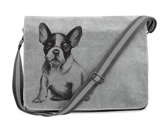 Shoulder Bag Vintage Courier Bag crossbody bag wide strap Canvas Dogs Bully Motif Bulldog, French Bulldog Dogs Frenchie