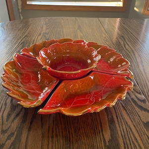 MCM California Originals Chip and Dip Set | Red Glazed Ceramic | Vintage California Pottery Circa 1960s | Dinner Party Hors D&#39;oeuvre Server