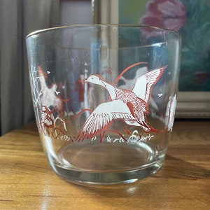Vintage Hazel Atlas Glass Ice Bucket | Brown and White Hunting Scene with Dogs and Flying Duck | Barware