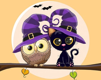 Halloween Fabric Panel, Cat Fabric, Owl Fabric, Witch Fabric, Fall Autumn Spooky Fabric - 95% Cotton - 16" x 20" (40 cm x 50 cm)