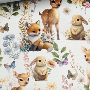 Meadow Animals Fabric, Forest by Half Meter, Woodland Cotton Fabric Quilt Crafts Decor Accessories - 100% Cotton Woven or 95 Cotton Terry