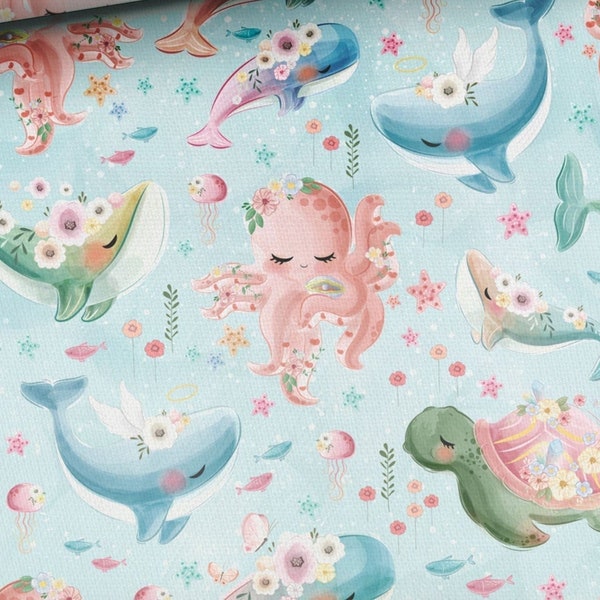 Sea Life Animals Fabric, Ocean Fabric by the Half Meter, Kids Nautical Beach Fabric - 100% Cotton - 59" (150 cm) wide