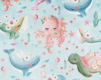 Sea Life Animals Fabric, Ocean Fabric by the Half Meter, Kids Nautical Beach Fabric - 100% Cotton - 59" (150 cm) wide