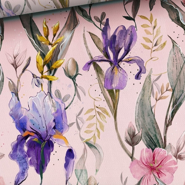 Iris Fabric, Flowers Fabric by Half Meter, Floral Fabric, Knit Fabric - 95% Cotton - 67" (170 cm) wide