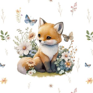 Meadow Fox Fabric Panel, Woodland Animals Fabric, Cute Floral Knit Fabric Craft Decor Clothes - 95% Cotton - 16" x 20" (40 cm x 50 cm)