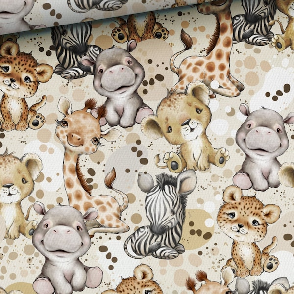 Tissu safari, tissu animaux, lion hippopotame zèbre guépard par demi-mètre - 100 % coton - 59" (150 cm) de large