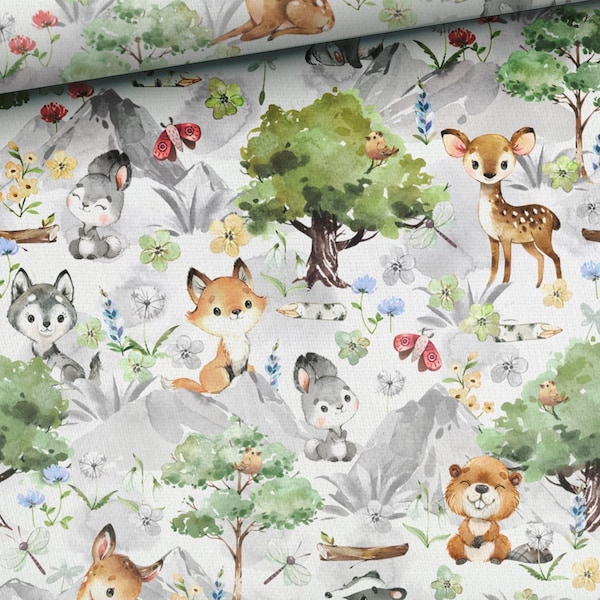 Forest Animals Fabric, Cotton Fabric by Half Meter Half Yard, Woodland Animals Fabric, Wildlife Fabric - 100% Cotton - 59" (150 cm) wide