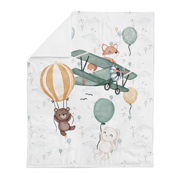 Big Sky Animals Fabric Panel, Bear Fox Bunny Pilot Airplane Balloons Fabric Decor Quilt Crafts - 100% Cotton - ~30" x 40" (75 cm x 100 cm)