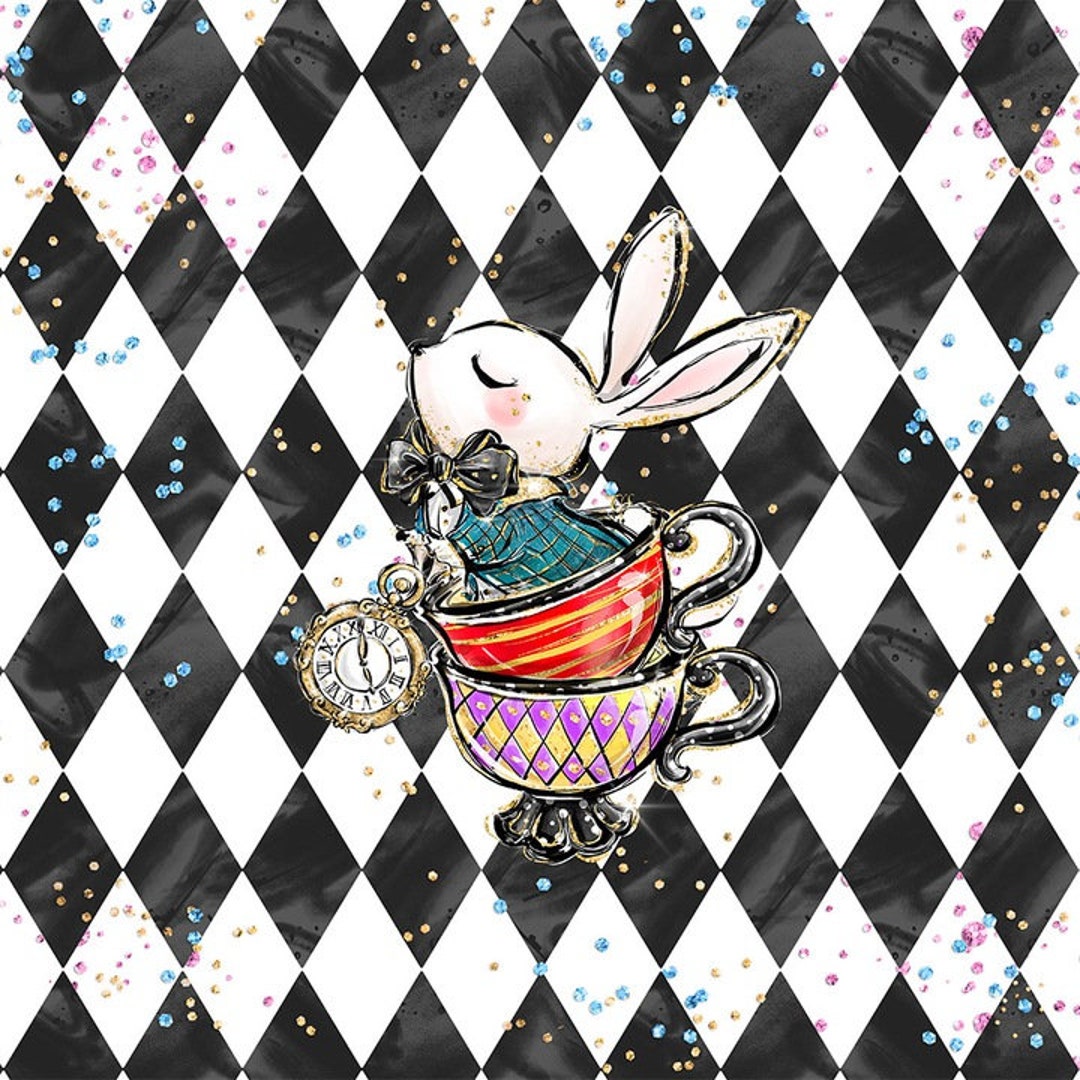 White Rabbit Fabric Panel, Alice Wonderland Fabric, Mad Hatter Tea ...