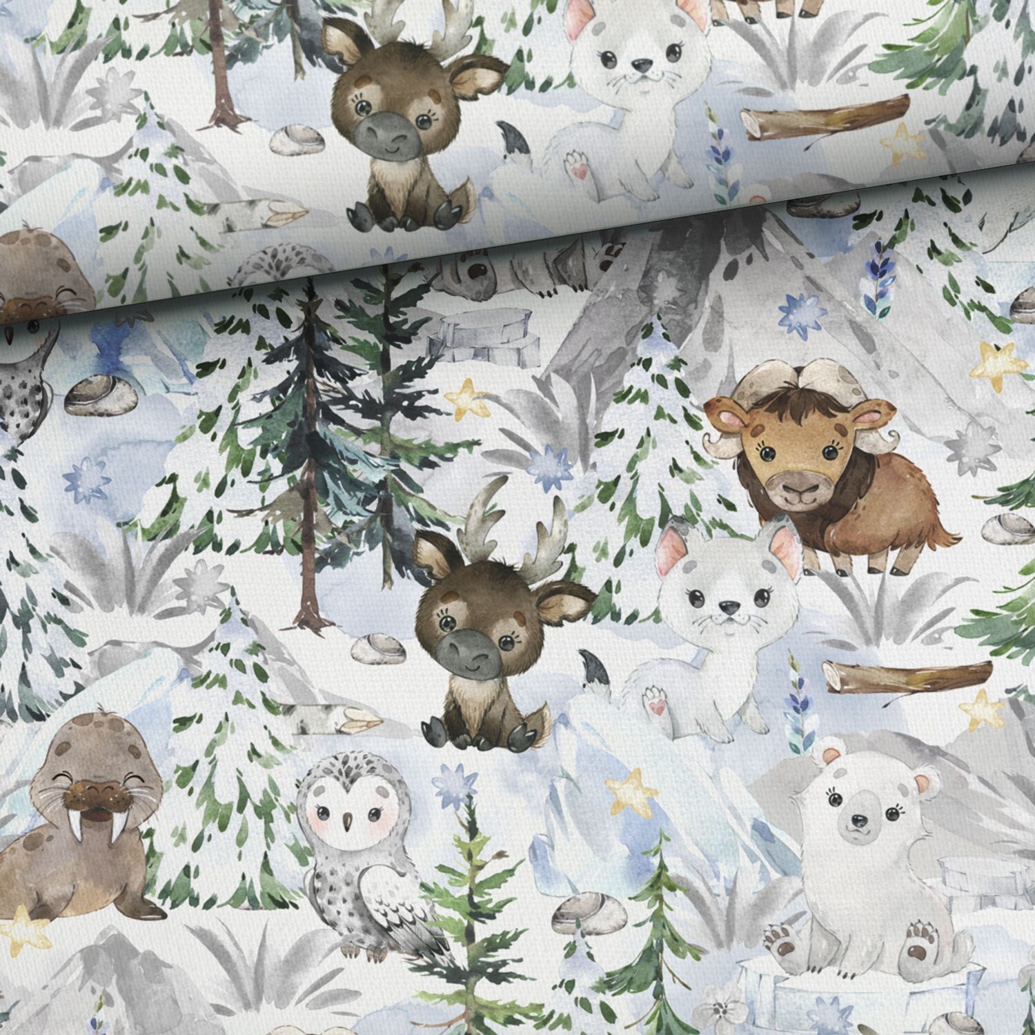 Baby animals fabric by the yard, squirrel in forest print, quilting cotton  with fox, raccoon sewing fabric, nature trail fabric