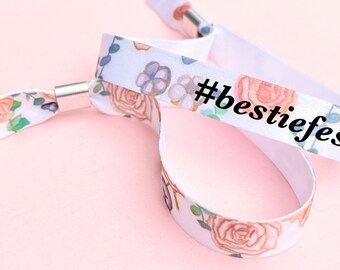 Personalised fabric wristbands | Peach floral design | Add any text | Wedding wristbands | Festival wristbands
