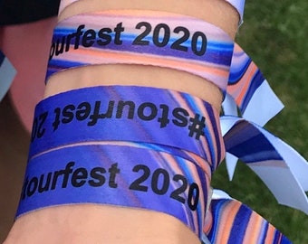 Personalised fabric wristbands | blue & gold swirl design | Add any text | Wedding wristbands | Festival wristbands | reusable wristbands