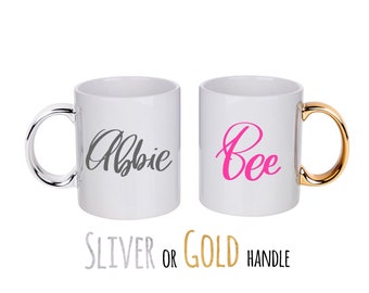 Personalised mug | Add any text | Gold or Sliver handle custom mug | Teacher gifts | Custom mug | Wedding mugs | Gold and white mug