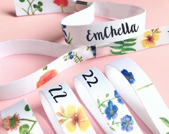 Personalised fabric wristbands | wild flower design | Add any text | Wedding wristbands | Festival wristbands | removable wristbands