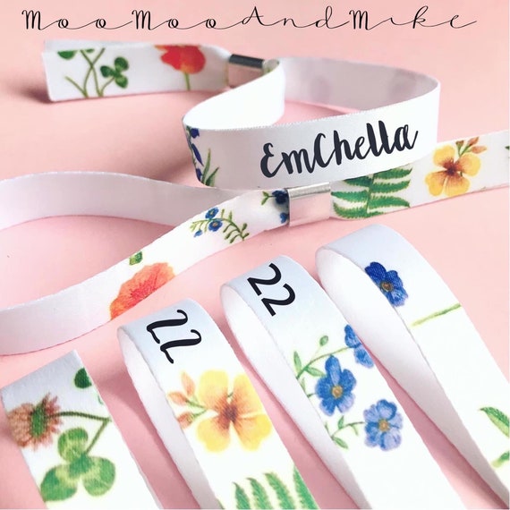 Personalised fabric wristbands | wild flower design | Add any text | Wedding wristbands | Festival wristbands | removable wristbands