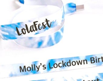 Personalised fabric wristbands | Blue tie dye design | Add any text | Wedding wristbands | Festival wristbands | removable wristbands