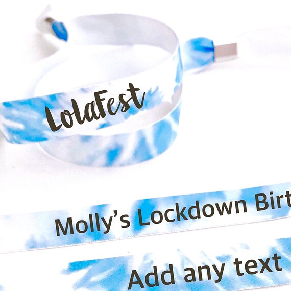 Personalised fabric wristbands | Blue tie dye design | Add any text | Wedding wristbands | Festival wristbands | removable wristbands