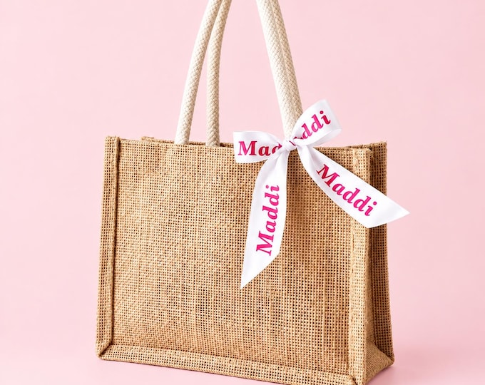Featured listing image: Personalised Burlap Tote - Custom Bridesmaid Bag - Small gift Bag - Wedding Bag - Party Bag - personalised Jute Tote Bag