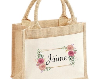 Personalised Floral Jute Tote Bag – Custom Pocket Birthday Gift
