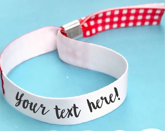 Personalised fabric wristbands | Red gingham wristband | Add any text | Party wristbands | Festival wristbands | removable wristbands