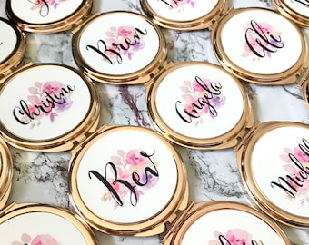 Rose gold Compact Mirror | Add any text | Bridesmaid gifts | Women's Accessories | Pocket Mirror | Made to order | Floral design