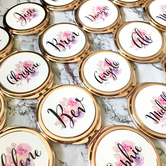 Rose gold Compact Mirror | Add any text | Bridesmaid gifts | Women's Accessories | Pocket Mirror | Made to order | Floral design