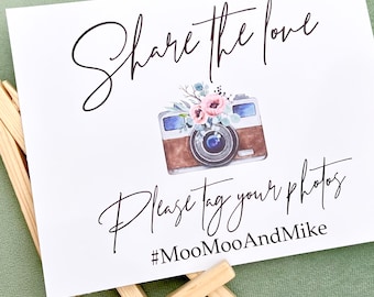 Personalised hashtag table sign comes with small easel to stand on | Share the love | Wedding hashtag sign | Party signage | Wedding signage