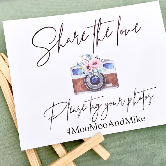 Personalised hashtag table sign comes with small easel to stand on | Share the love | Wedding hashtag sign | Party signage | Wedding signage