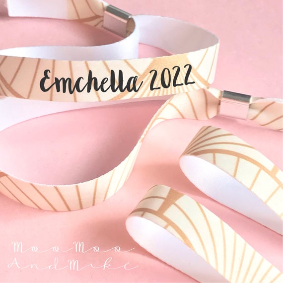 Personalised fabric wristbands | Gold Art Deco 1920’s design | Add any text | reusable wristbands  | Festival wristbands