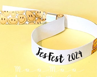 Personalised wristbands | smiley face design | Add any text | removable wristbands | Festival wristbands |  reusable wristbands