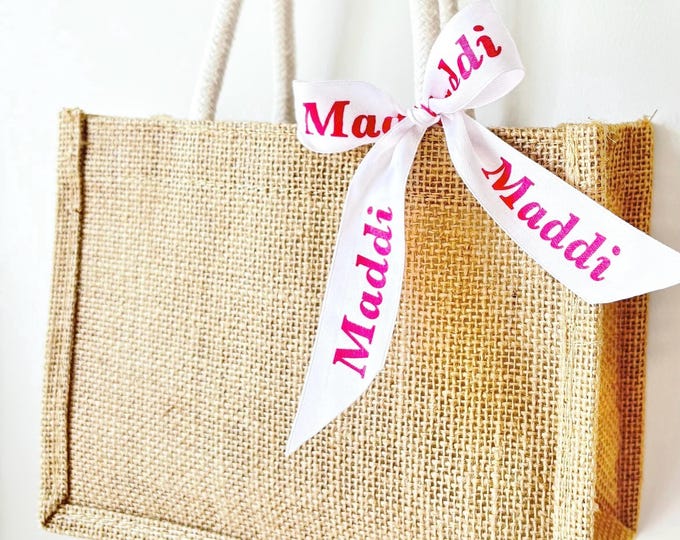 Featured listing image: Personalised Burlap Tote - Custom Bridesmaid Bag - Small gift Bag - Wedding Bag - Party Bag - personalised Jute Tote Bag