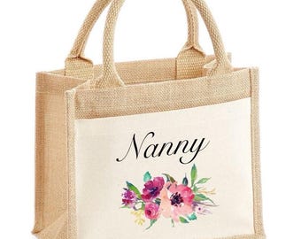 Personalised Floral Jute Shopping Tote Bag – Nanny Birthday Gift