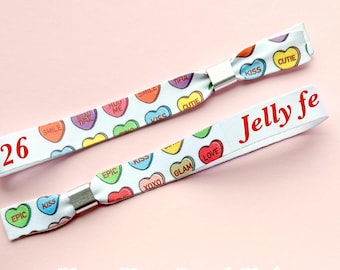 Personalised fabric wristbands | Love heart sweets | Party wristbands  | Festival wristbands | reusable wristbands