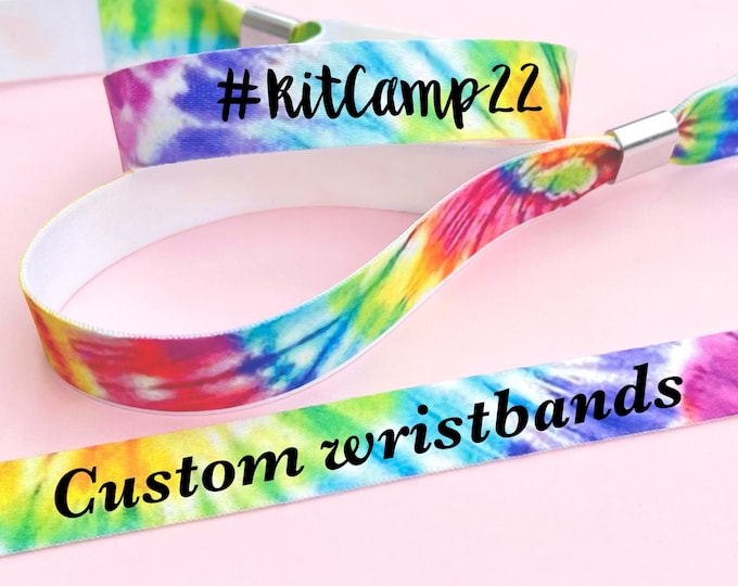 Featured listing image: Personalised fabric wristbands | Bright tie dye wristband | Add any text | Wedding wristbands | Festival wristband | reusable wristband