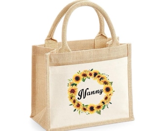 Personalised Jute Shopping Tote Bag – Floral Sunflower Design