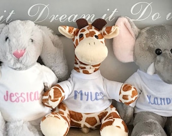 Personalised soft toy | Add any text | Lamb Rabbit Frog Elephant & Giraffe | Children's toy
