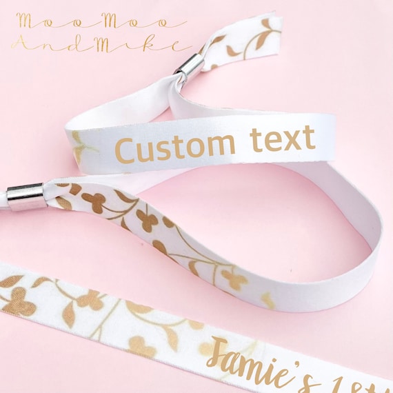 Personalised fabric wristbands | Gold leaf design | Add any text | Wedding wristbands | Festival wristband | removable wristband