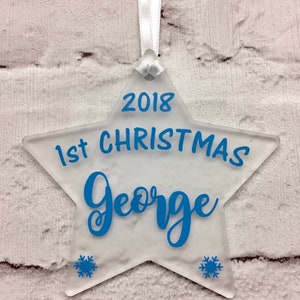 Personalised Baby&#39;s 1st Christmas star acrylic hanging decoration, Christmas 2024, tree decoration, first Christmas, Baby, Girl, Boy,
