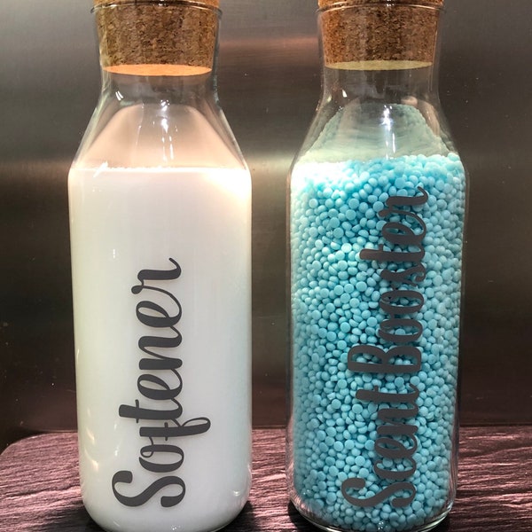 Glass bottles with cork stopper, 1 litre, refillable with vinyl text, laundry / detergent/ household storage Mrs Hinch inspired