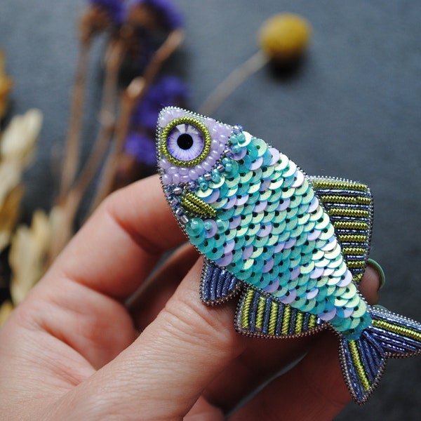 Embroidered sequins fish brooch beaded pin handmade gift for her fish lover gift pisces sign sequins jewelry seed beads and sequins brooch