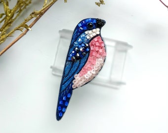 Embroidered bird brooch small dark blue bird pin handmade seed beaded bird jewelry gift for her bird lover gift bird brooch beaded unique