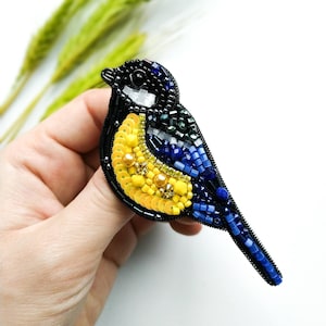 Handmade Beaded Titmouse Brooch: Embroidered Bird Pin
