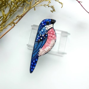 Embroidered bird brooch small dark blue bird pin handmade seed beaded bird jewelry gift for her bird lover gift bird brooch beaded unique