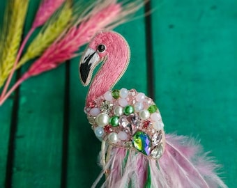 Beaded flamingo brooch embroidered pink bird pin ostrich feather jewelry crystals and beads brooch handmade unique Christmas gift for her